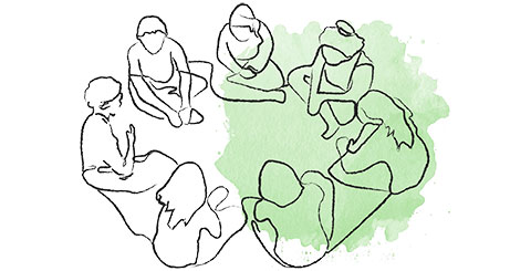 Illustration einer Personengruppe die im Kreis zusammen sitzt