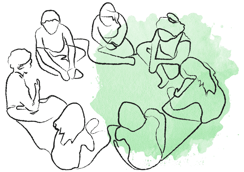 Illustration einer Personengruppe, die im Kreis sitzt